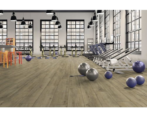 Fitnessstudio mit Sportgeräten und hellem Holzboden