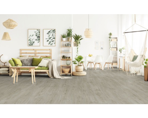 Heller Wohnraum mit Holzboden, Sofa, Esstisch und Hängesessel