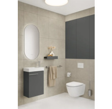 Modernes Badezimmer mit Waschbeckenunterschrank, Spiegel, Wand-WC und hellen Fliesen