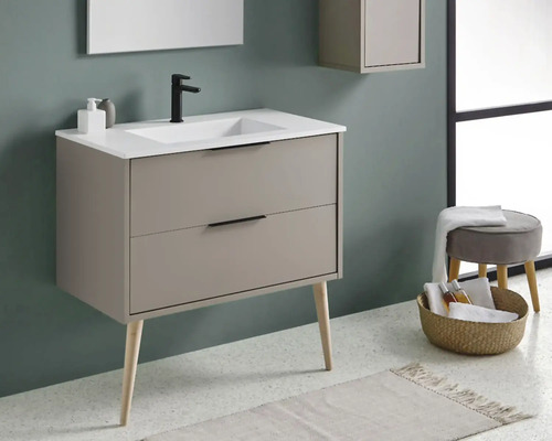 Modernes Badezimmer mit Waschtischunterschrank, Aufsatzwaschbecken und Spiegel