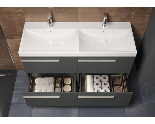 Waschtischunterschrank mit zwei Waschbecken, zwei Schubladen, Handtüchern und Toilettenpapier