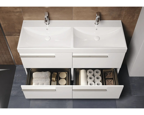 Waschtischunterschrank mit zwei Waschbecken und Schubladen zur Badezimmeraufbewahrung.