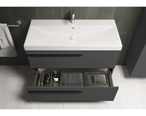 Waschtischunterschrank mit offenem Schubfach und Waschbecken