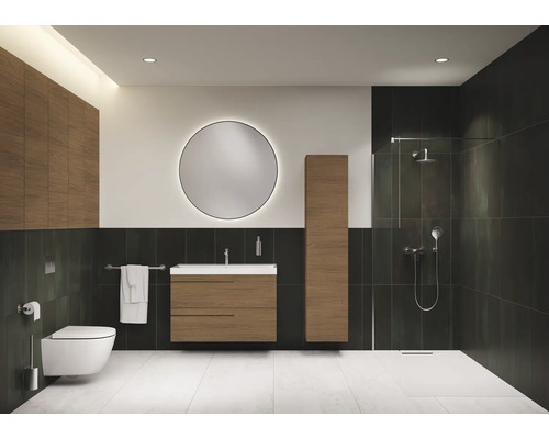 Modernes Badezimmer mit Waschtisch, Spiegelschrank, Toilette und Dusche