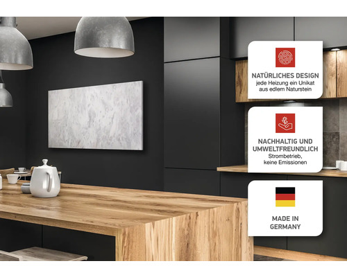 Wohnraum mit Natursteinheizung, Hinweisschild Natürliches Design, Hinweisschild Nachhaltig und Umweltfreundlich, Hinweisschild Made in Germany