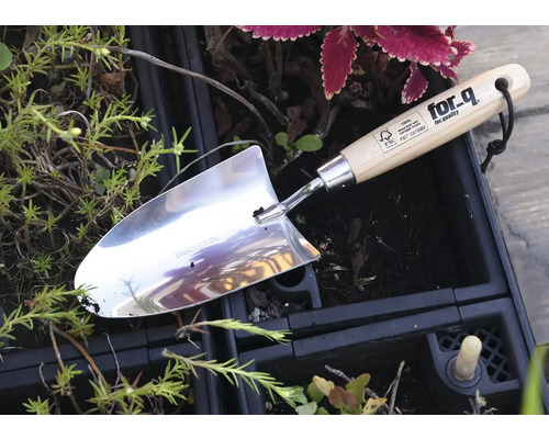 Edelstahllochschaufel mit Holzgriff im Gartenbeet
