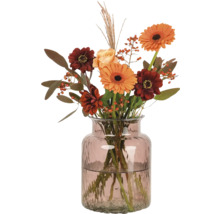Blumenarrangement mit Gerbera und Rosen in einer Glasvase