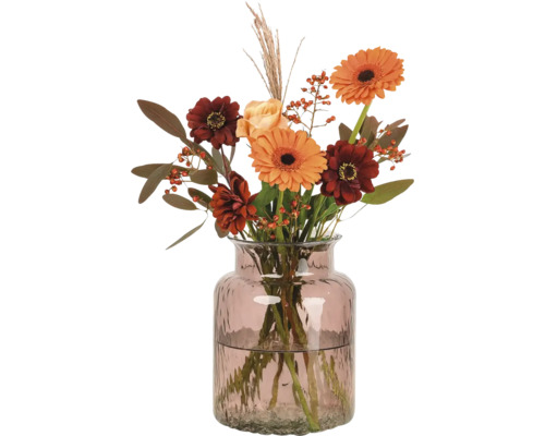Blumenarrangement mit Gerbera und Rosen in einer Glasvase