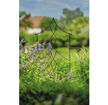 Gartenszene mit Rankhilfe in Tannenbaumform zwischen Pflanzen