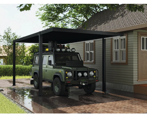 Szene mit einem Auto unter einem Carport neben einem Haus.