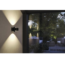 Dunkle Wandleuchte mit Lichtstrahlen nach oben und unten, die eine Gartenatmosphäre erhellt