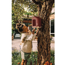 Mädchen betrachtet Vogelhaus am Baum im Garten.