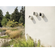 Gartenansicht mit drei Vogelhäusern an einer Wand