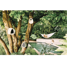 Szene im Garten mit Vogelhäusern an einem Baum, Frau in einer Hängematte und Kind am Pool.