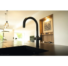 Schwarzer Küchenarmatur an einer Spüle in einer modernen Küche.