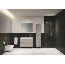 Modernes Badezimmer mit Toilette, Waschbeckenunterschrank, Spiegel, Hochschrank und Dusche