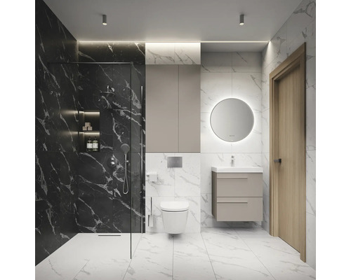 Modernes Badezimmer mit Dusche, Waschtisch, Spiegel und Toilette
