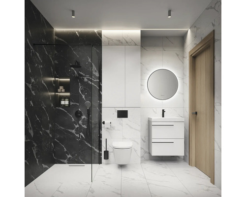 Modernes Badezimmer mit Dusche, Toilette, Waschtisch und Spiegel