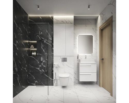 Modernes Badezimmer mit Dusche, Waschbeckenunterschrank und Toilette