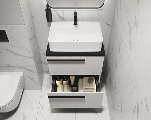 Modernes Badezimmer mit Waschtischunterschrank, Waschbecken, Schublade und Armatur