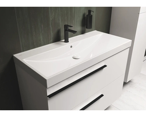 Waschtischunterschrank mit Waschbecken, Armatur und Seifenspender