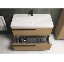 Waschtischunterschrank aus Holz mit Waschbecken und offenem Schubfach zur Aufbewahrung von Badutensilien