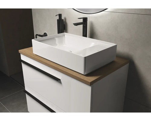 Waschtisch mit rechteckigem Aufsatzwaschbecken, Armatur und Schubladenunterschrank für das Badezimmer