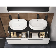Badezimmerwaschtisch mit zwei Becken, Unterschrank mit Schubladen und Armaturen