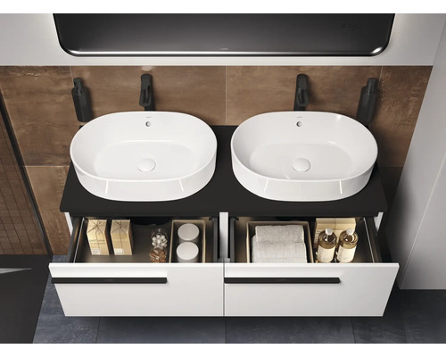 Badezimmerwaschtisch mit zwei Becken, Unterschrank mit Schubladen und Armaturen