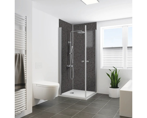 Modernes Badezimmer mit Dusche, Toilette, Heizkörper und Pflanze