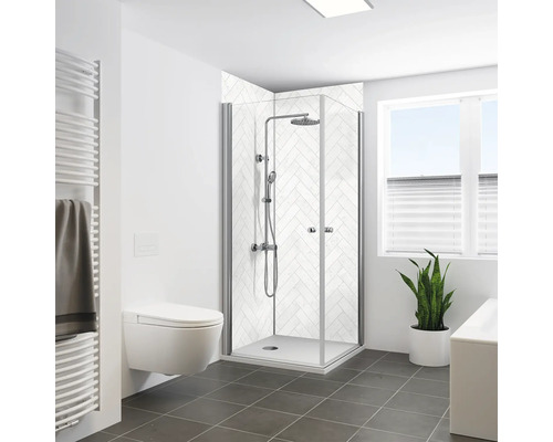 Modernes Badezimmer mit Duschkabine, Toilette, Heizkörper und Fenster