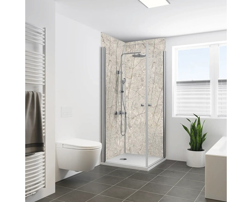 Modernes Badezimmer mit Duschkabine, Toilette, Handtuchwärmer und Pflanze