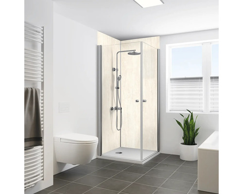 Modernes Badezimmer mit Duschkabine, Toilette und Heizkörper