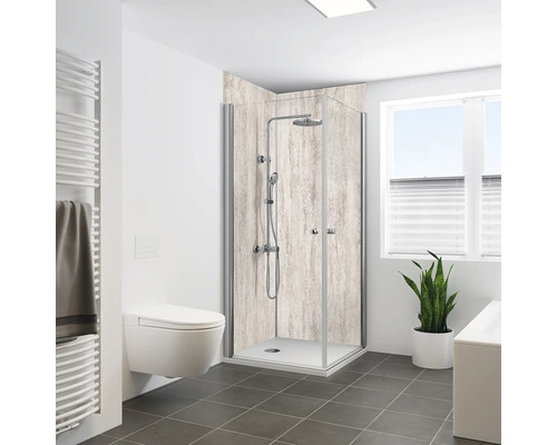 Badezimmer mit Duschkabine, Toilette und Heizkörper
