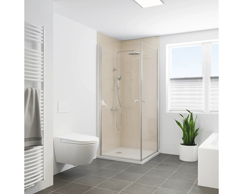 Modernes Badezimmer mit Duschkabine, Toilette, Handtuchwärmer und Zimmerpflanze