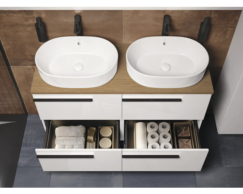 Badezimmerwaschtisch mit zwei Waschbecken, Schubladen und Armaturen