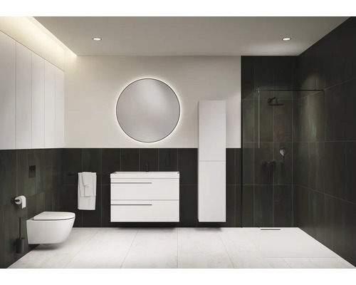 Badezimmer mit Toilette, Waschbeckenunterschrank, Spiegelschrank, Hochschrank und Dusche