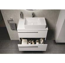 Waschtisch mit offenem Schubfach und Aufsatzwaschbecken im Badezimmer