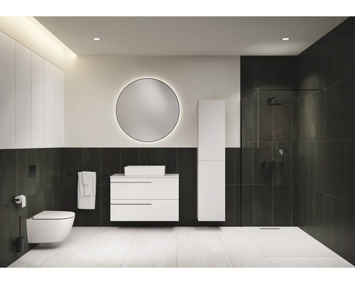 Modernes Badezimmer mit Toilette, Waschtischunterschrank, Spiegelschrank und Dusche