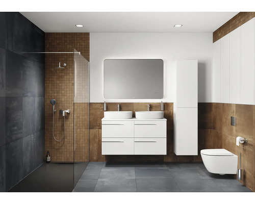 Badezimmer mit Dusche, Waschtisch mit Doppelwaschbecken, Spiegel und Toilette