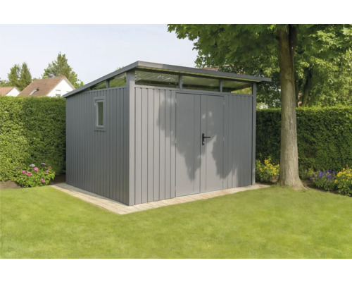 Gartenhaus Konsta Fusio L 289 x 318 cm grau-aluminium Grauer Geräteschuppen mit Doppeltür und Fenster im Garten.