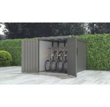 Fahrradbox mit geöffneten Türen und Fahrrädern im Inneren