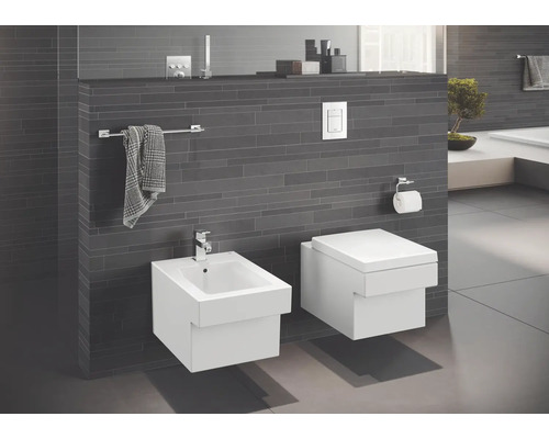 Modernes Badezimmer mit wandhängendem Bidet und WC vor dunkler Wand