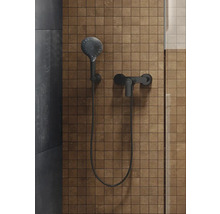 Duscharmatur mit Handbrause und Brauseschlauch vor einem braunen Hintergrund