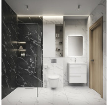 Modernes Badezimmer mit Dusche, Waschtisch, Spiegel und Toilette in hellem Design