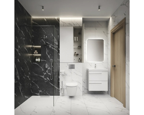 Modernes Badezimmer mit Dusche, Waschtisch, Spiegel und Toilette in hellem Design