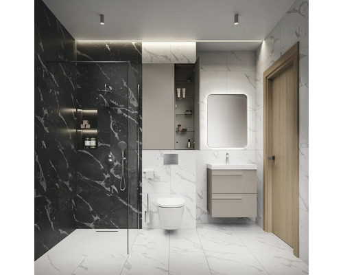 Modernes Badezimmer mit Dusche, Toilette, Waschbeckenunterschrank und Spiegel