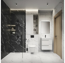 Modernes Badezimmer mit Dusche, Toilette, Waschtisch und Spiegelschrank