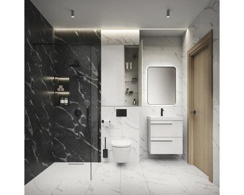 Modernes Badezimmer mit Dusche, Toilette, Waschtisch und Spiegelschrank