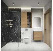 Modernes Badezimmer mit Dusche, Waschtisch, Spiegel und Toilette